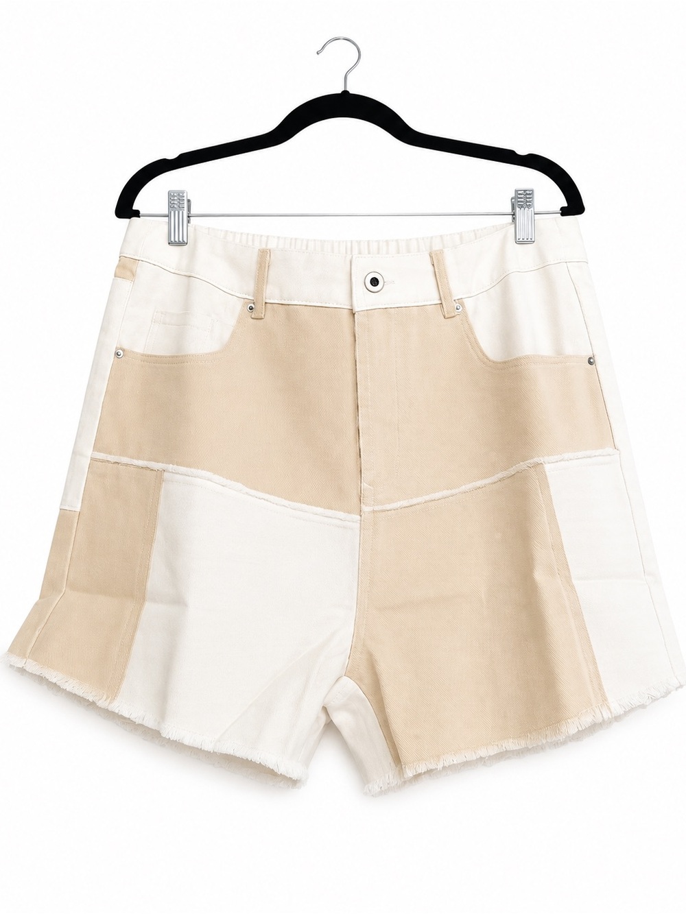 New In by VeryJ Patchwork Two-Tone Beige & Cream High-Waist Shorts